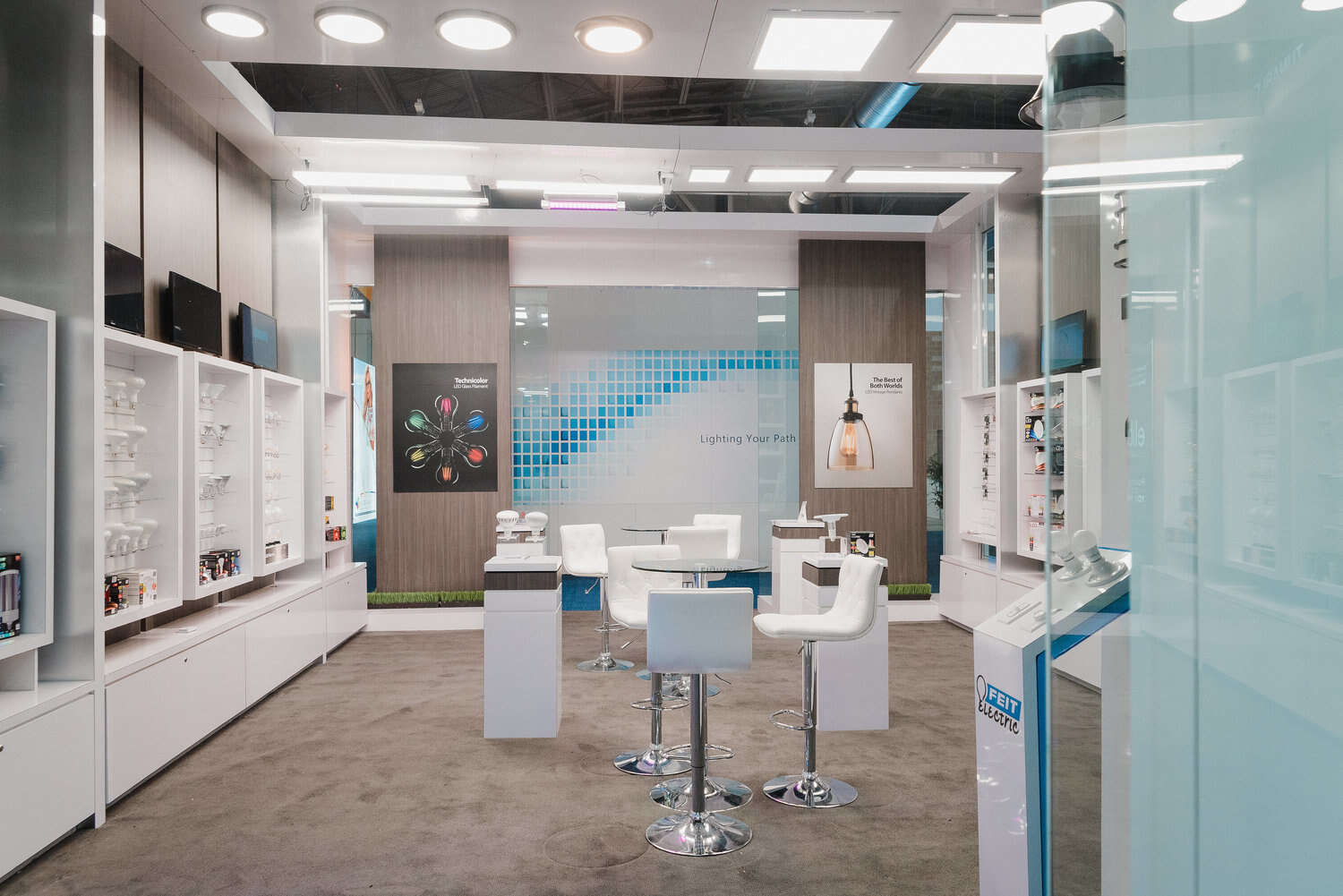 Finished corporate exhibit lounge and product displays
